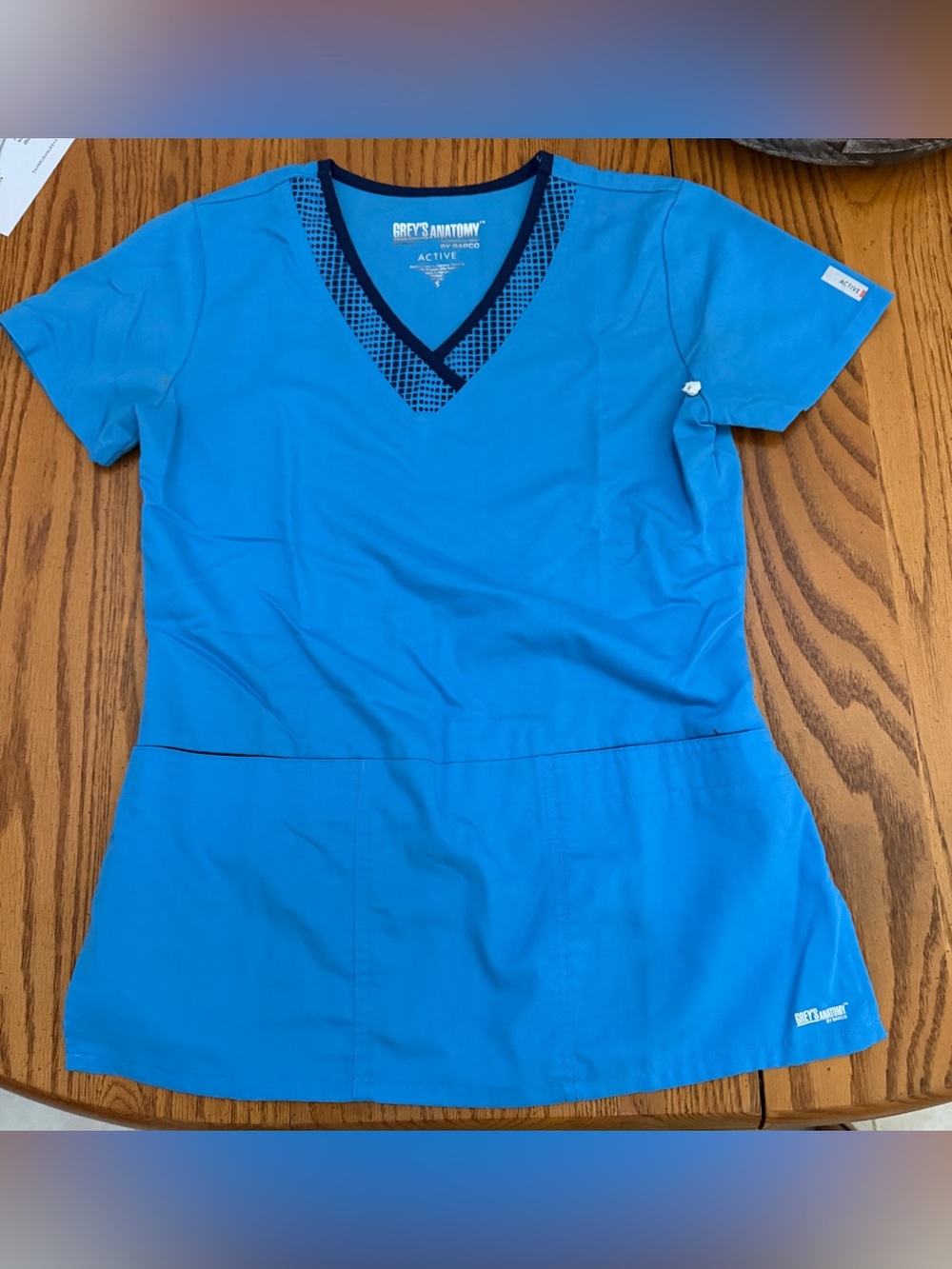 Grey's Anatomy Bright Blue V-Neck Scrub Top with Navy Trim